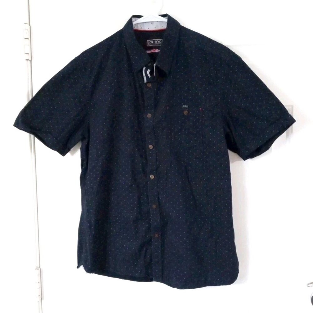 LON NYC Men’s Size Large Button Down Shirt Navy Blue 100% Cotton Short Sleeve